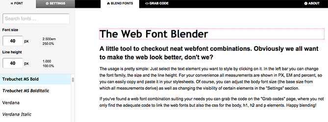 Die Oberfläche von Web Font Blender Die Oberfläche von Web Font Blender