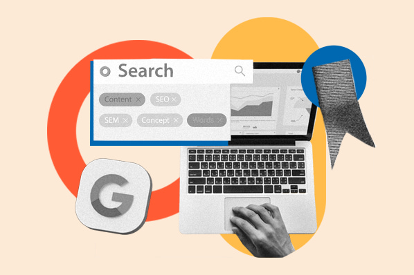 Google Statistiken: Grafik zeigt ein Laptop und eine Hand, die Google nutzt