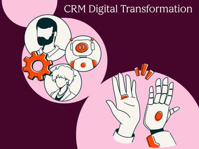 Roboter und menschliche Marketer arbeiten Hand in Hand und stehen für eine digitale Transformation im CRM