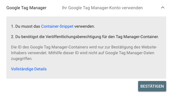 Google Search Console über den container im google tag manager bestätigen