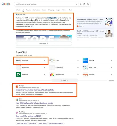 Screenshot von einer Google Suche zum besten CRM-System fuer kleine Unternehmen