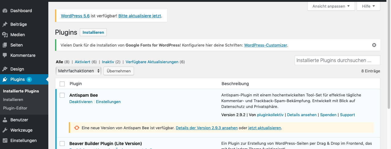 WordPress Plugins in der seitenleiste bei wordpress