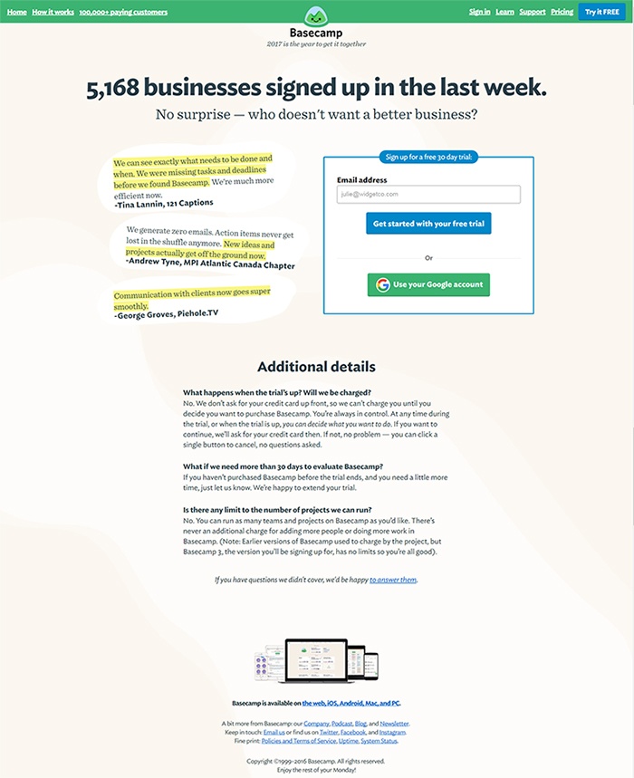 Beispiele für ansprechendes Landing-Page-Design – Basecamp Beispiele für ansprechendes Landing-Page-Design – Basecamp