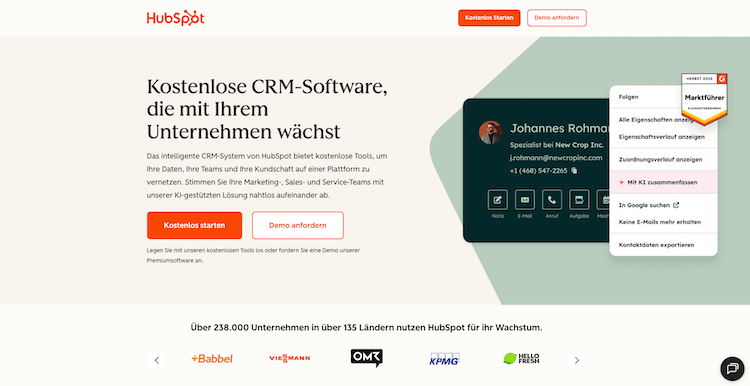 Screenshot der HubSpot Website