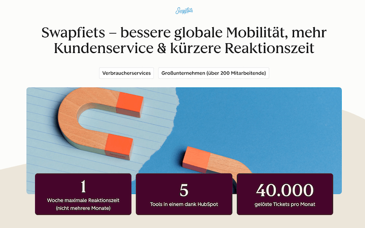 Screenshot der Swapfiets Case Study mit HubSpot. Dank HubSpot hat Swapfiets weniger Tools und mehr Produktivitaet erreicht