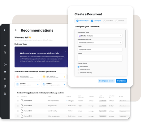 Das Tool für die Content-Optimierung „MarketMuse“ zeigt eine Übersicht mit Inhaltsempfehlungen sowie den Bereich „Create a Document“ zur Konfiguration einer Clusteranalyse nach Thema und Trichterphase.