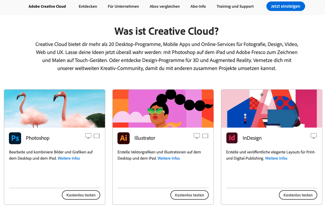 screenshot der webseite von adobe im Corporate Design