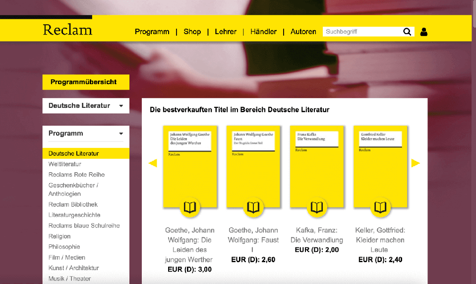 die webseite von reclam zeigt das gelbe Corporate Design