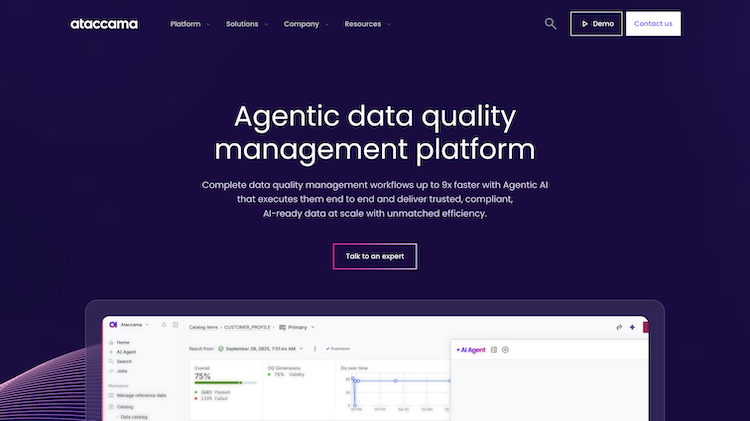 Screenshot der Ataccama Website, Tool fuer bessere Datenqualitaet