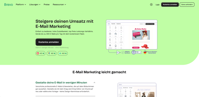 Screenshot der Brevo Website für das E-Mail-Marketing-Tool
