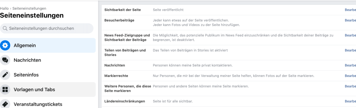 Facebook Shop Seiteneinstellungen