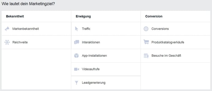 Auswahl des Ziels einer Facebook-Anzeigenkampagne Auswahl des Ziels einer Facebook-Anzeigenkampagne
