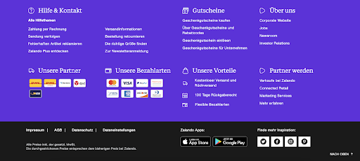 Footer der zalando webseite