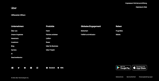 Footer auf der uber webseite