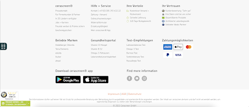 Footer der cerascreen webseite