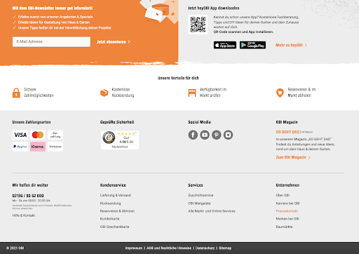 Footer der OBI webseite