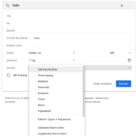Gmail Posteingang durchsuchen mit besonderen suchparametern