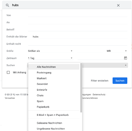 Gmail Posteingang durchsuchen mit besonderen Suchparametern
