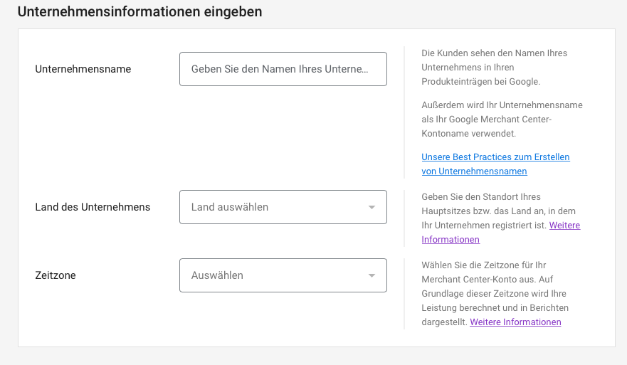 Google-Merchant-Center Unternehmensinformationen