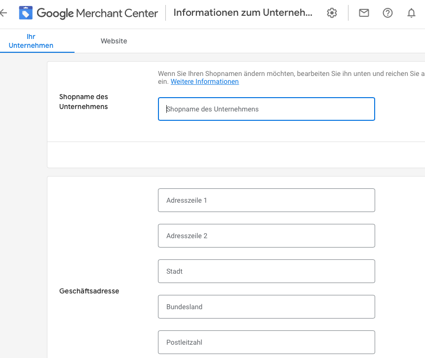Google-Merchant-Center Informationen zum Unternehmen