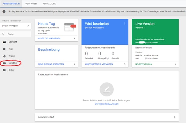 GTM Arbeitsbereich Variablen