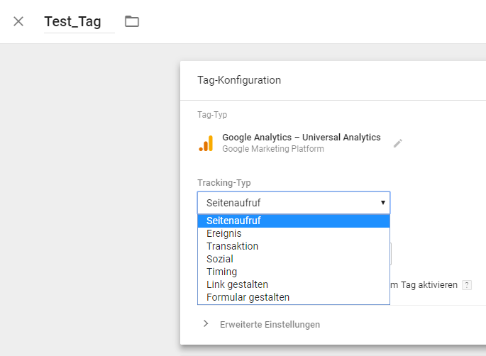 Screenshot Google Tag Manager - Tracking-Typ