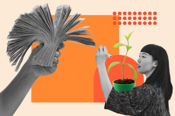 Arm mit Geldscheinen, Frau, und wachsende Pflanze symbolisieren Wachstum durch Growth Marketing