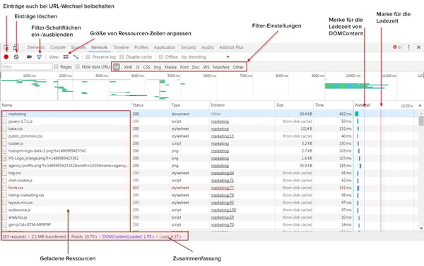Entwicklertools – Network-Ansicht Entwicklertools – Network-Ansicht