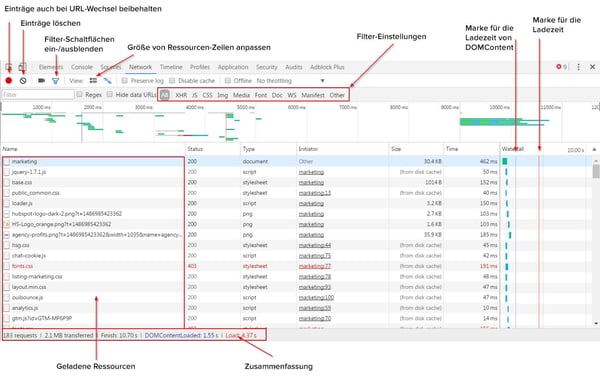 Entwicklertools – Network-Ansicht