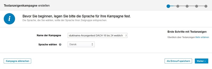 Grundeinstellungen für eine Kampagne festlegen Grundeinstellungen für eine Kampagne festlegen