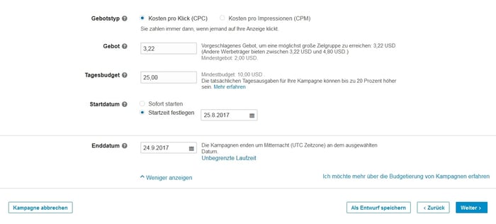 Festlegen des Gebots für eine Kampagne Festlegen des Gebots für eine Kampagne