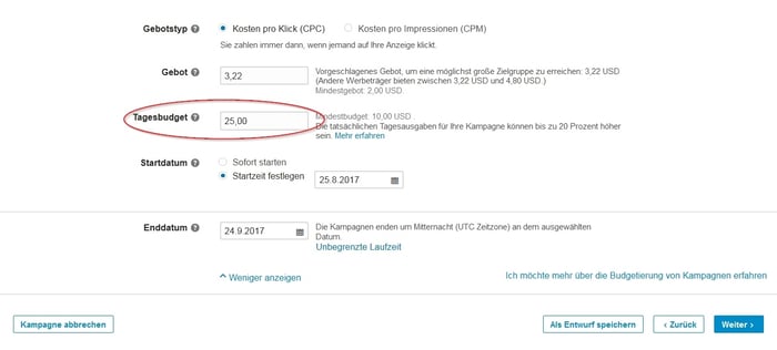 Festlegen eines Tagesbudgets für eine Anzeigenkampagne Festlegen eines Tagesbudgets für eine Anzeigenkampagne