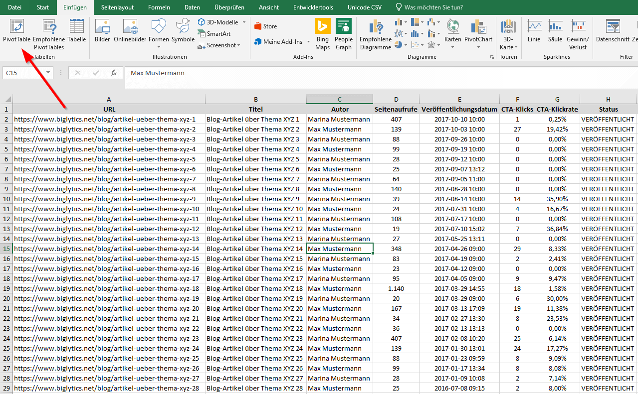 pivot tabelle erstellen: zellen auswählen, aus denen die pivottabelle erstellt werden soll