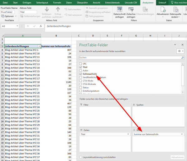 Pivot Tabelle Felder im Werte Bereich