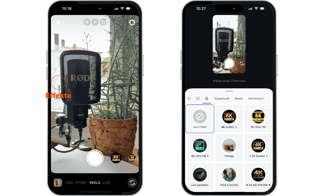 Screenshot Instagram Effekte-Einstellungen