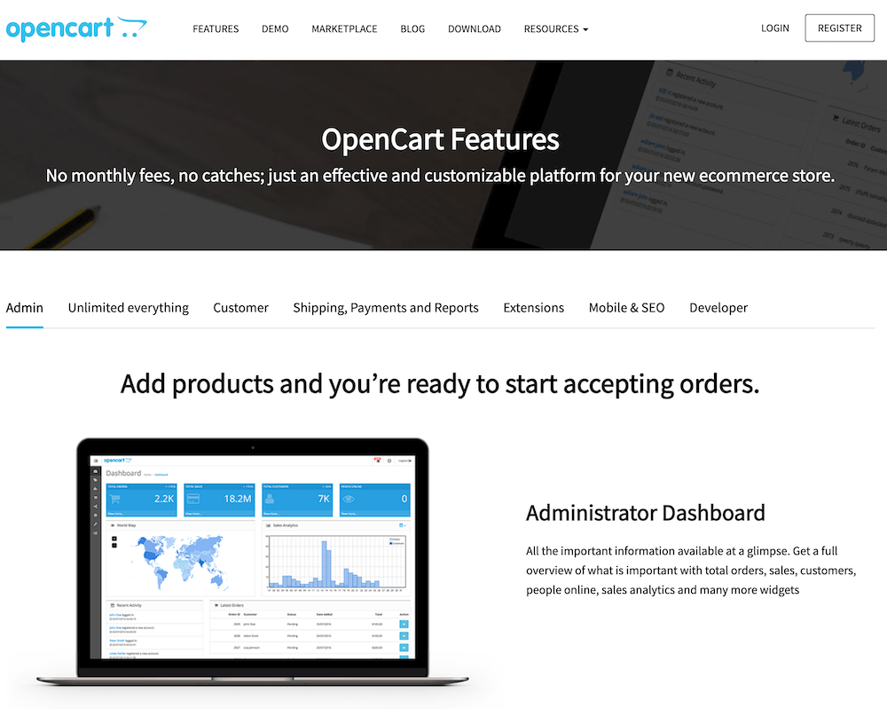 Screenshot der OpenCart Website