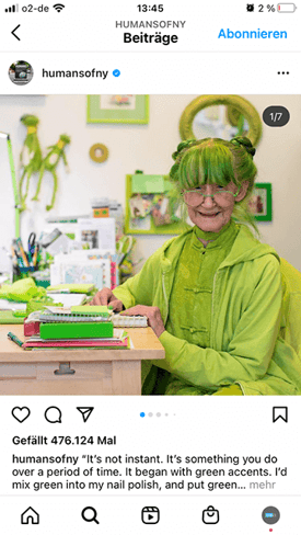 humans of new york instagram post einer älteren dame mit grünen haaren