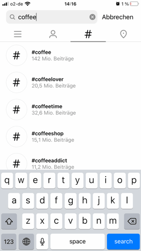 den hashtag coffee in der instagram suche eingeben