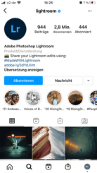 adobe lightroom uses its own hashtag on instagram profile, screenshot of profile with subscribers, posts and images and bio description