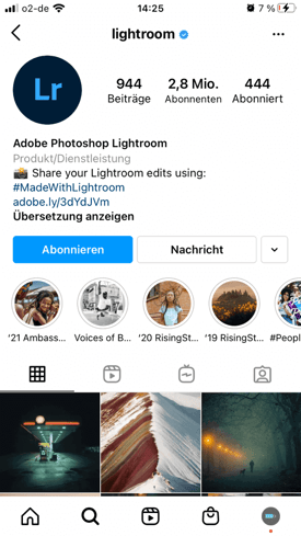 adobe lightroom nutzt seinen eigenen hashtag auf dem instagram profil, screenshot des profils mit abonnenten, Beiträgen und bildern sowie bio beschreibung