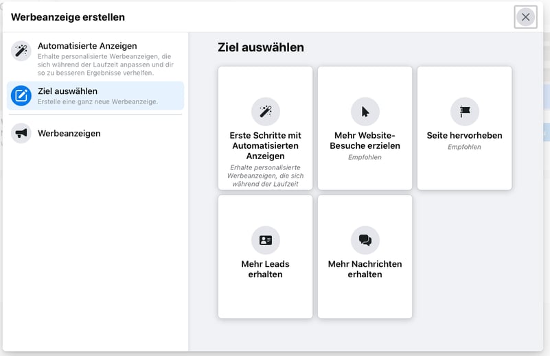 startbildschirm im facebook werbeanzeigen manager – automatisierte anzeigen, ziel auswählen & werbeanzeigen 