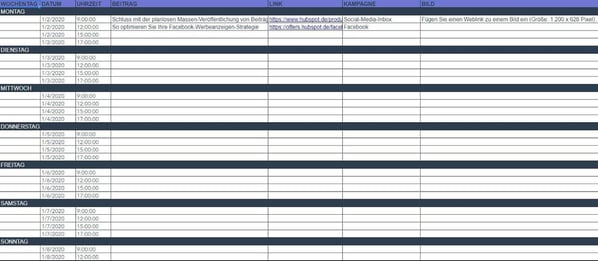 Screenshot aus dem HubSpot Social Media Redaktionsplan in Excel fuer Facebook