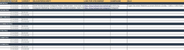 Screenshot aus dem HubSpot Social Media Redaktionsplan in Excel fuer Instagram