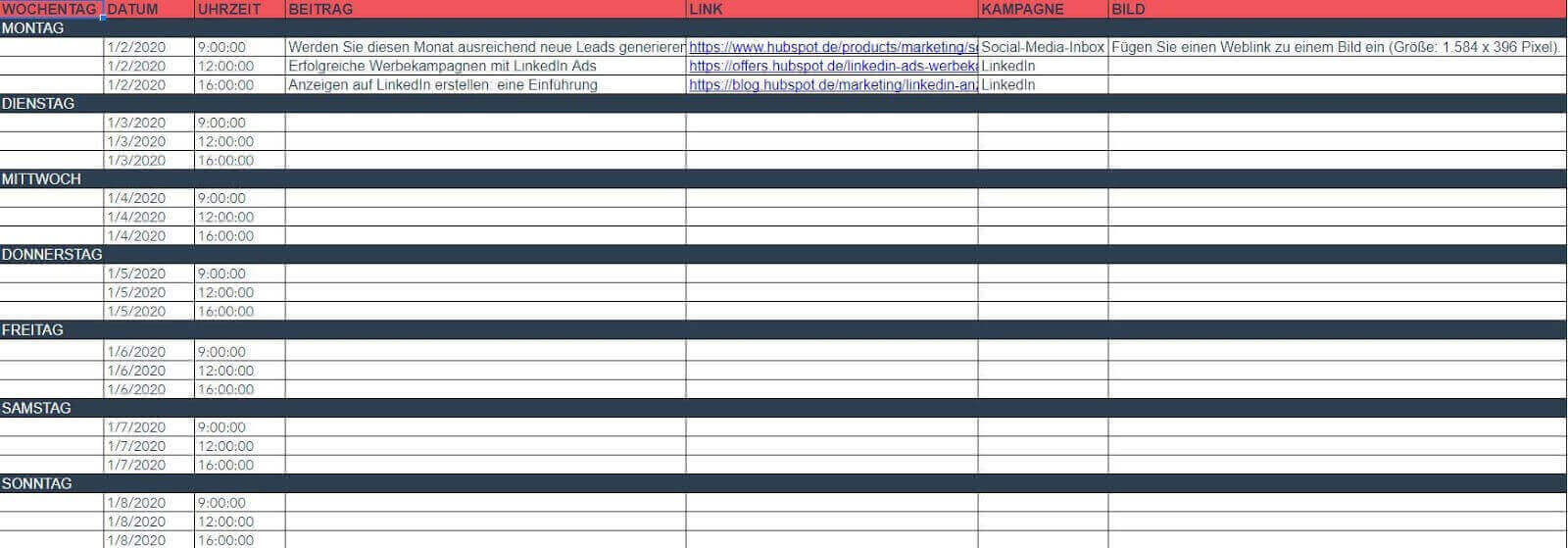 Screenshot aus dem HubSpot Social Media Redaktionsplan in Excel fuer LinkedIn