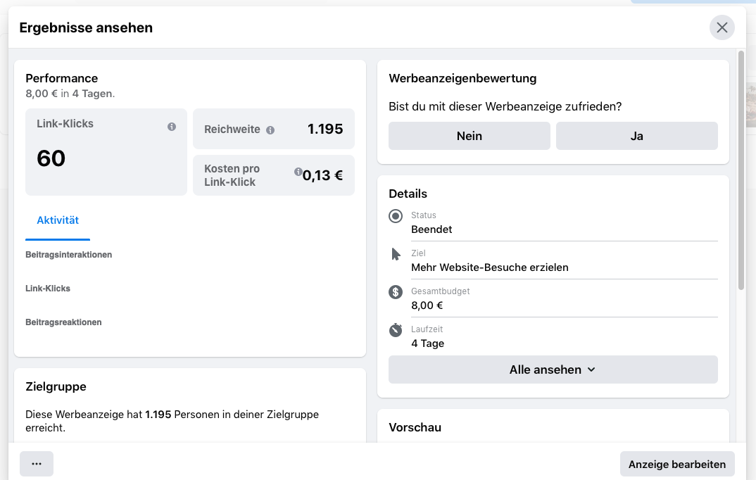 Ergebnisse der Werbeanzeigen im Facebook Business Manager ansehen