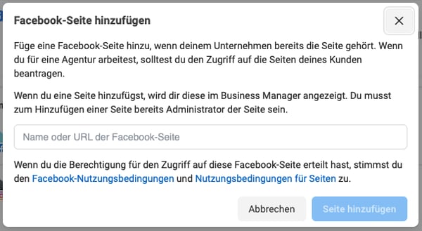 Facebook Business Manager Seite hinzufuegen