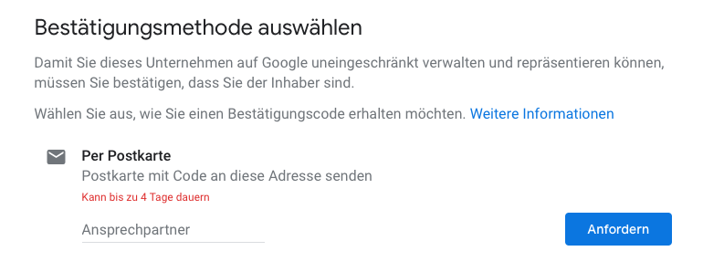 Google My Business Konto verifzieren durch Postkarte