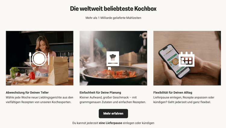 Screenshot der Hello Fresh Page als Beispiel für gutes UX Writing Microcopy