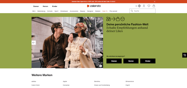 Screenshot der Zalando Website als gutes Beispiel für UX Writing zum Thema Navigation