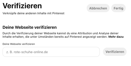 Screenshot Pinterst Website verifizieren